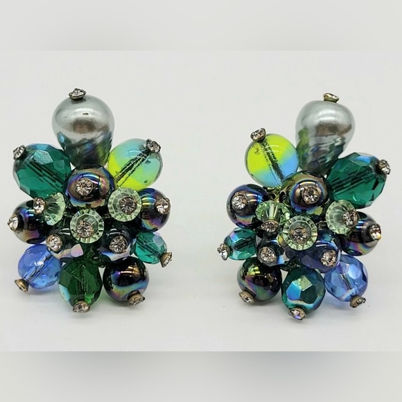 VTG RARE Vendome Green Tones Cluster Earrings